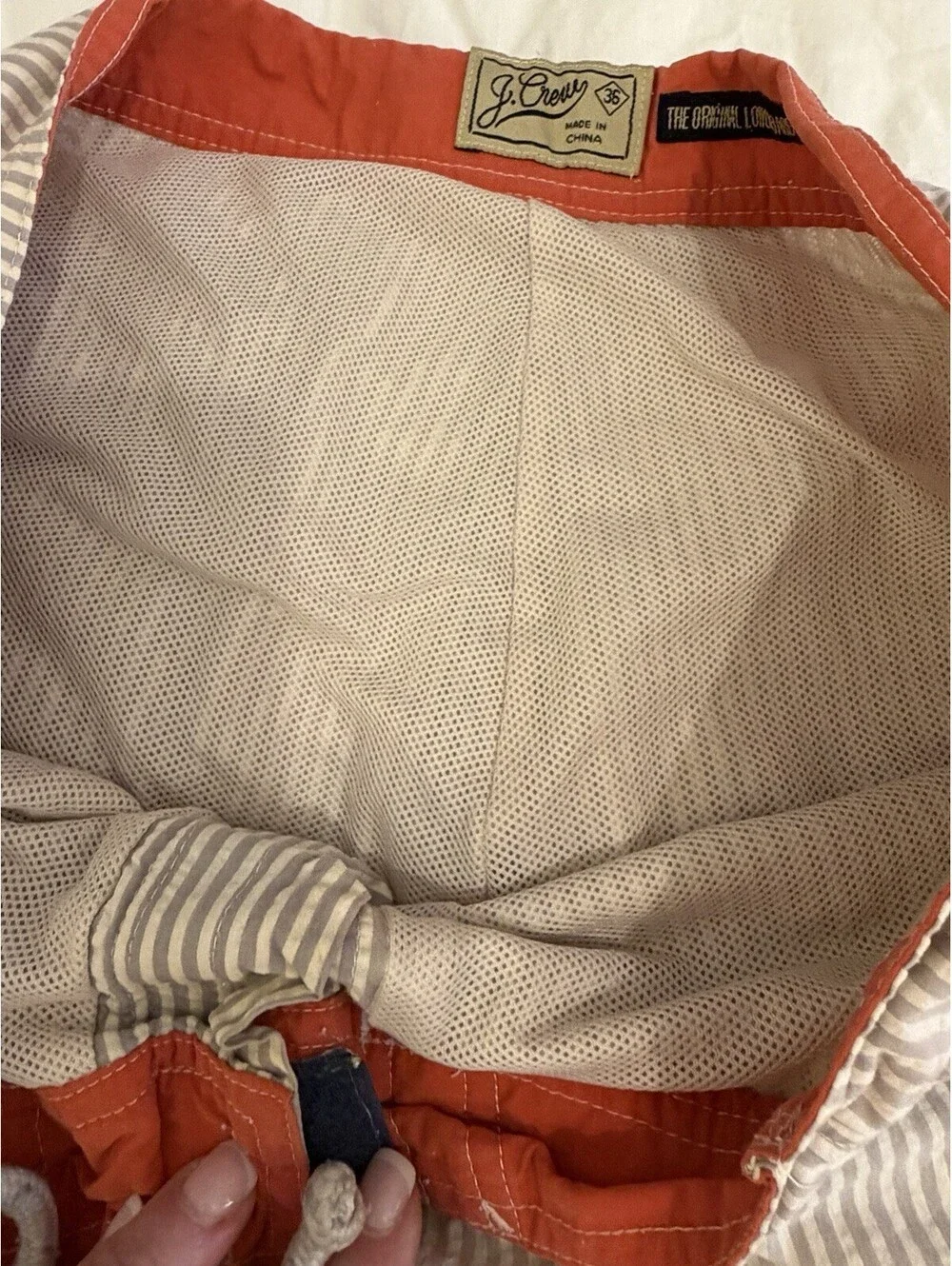 J.Crew The Original Longboard Shorts Mens 36 Taupe Gray Stripe Seersucker